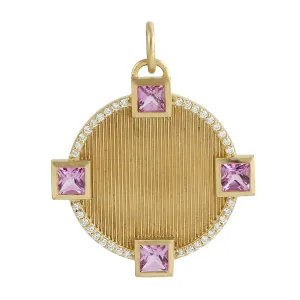 Natural Pink Sapphire Diamond Disc Charm Designer Pendant In 14k Gold