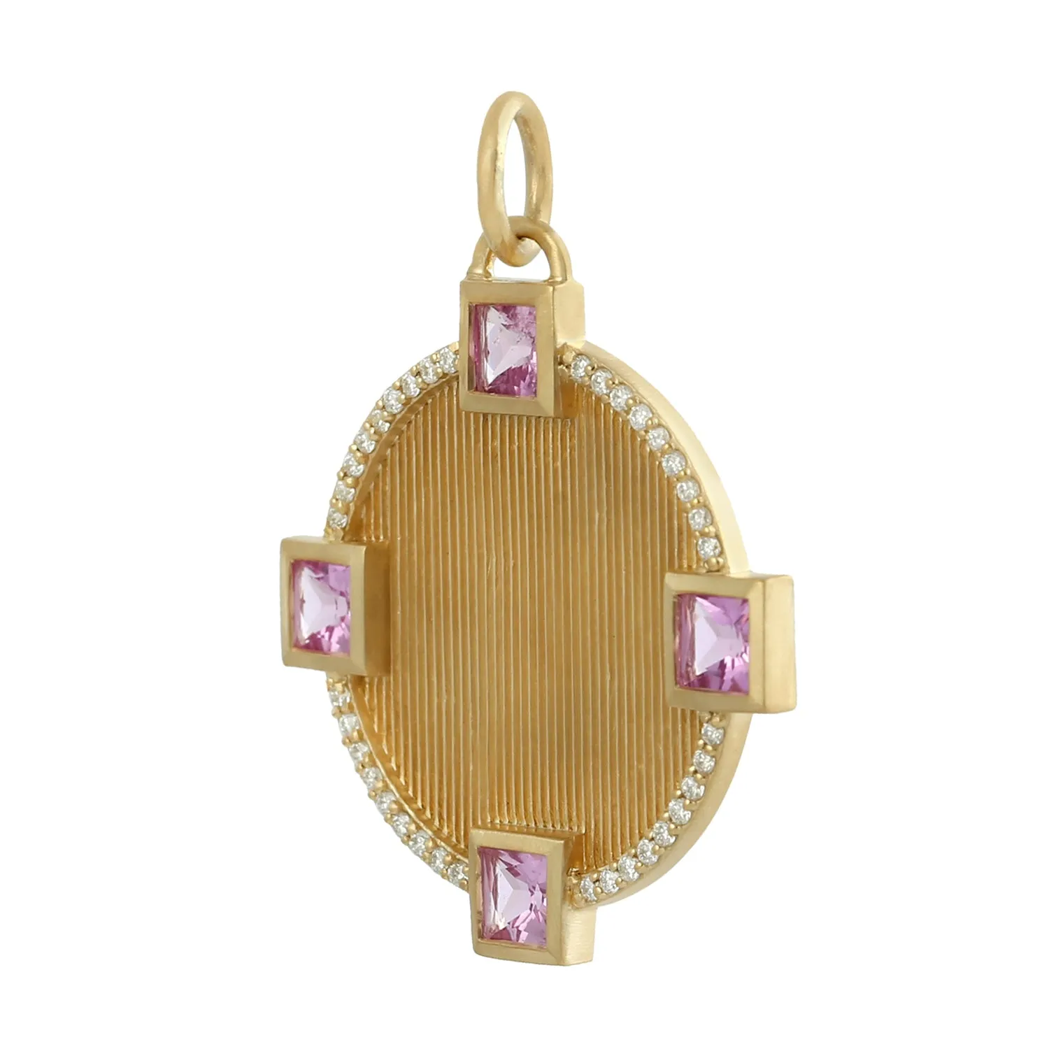 Natural Pink Sapphire Diamond Disc Charm Designer Pendant In 14k Gold