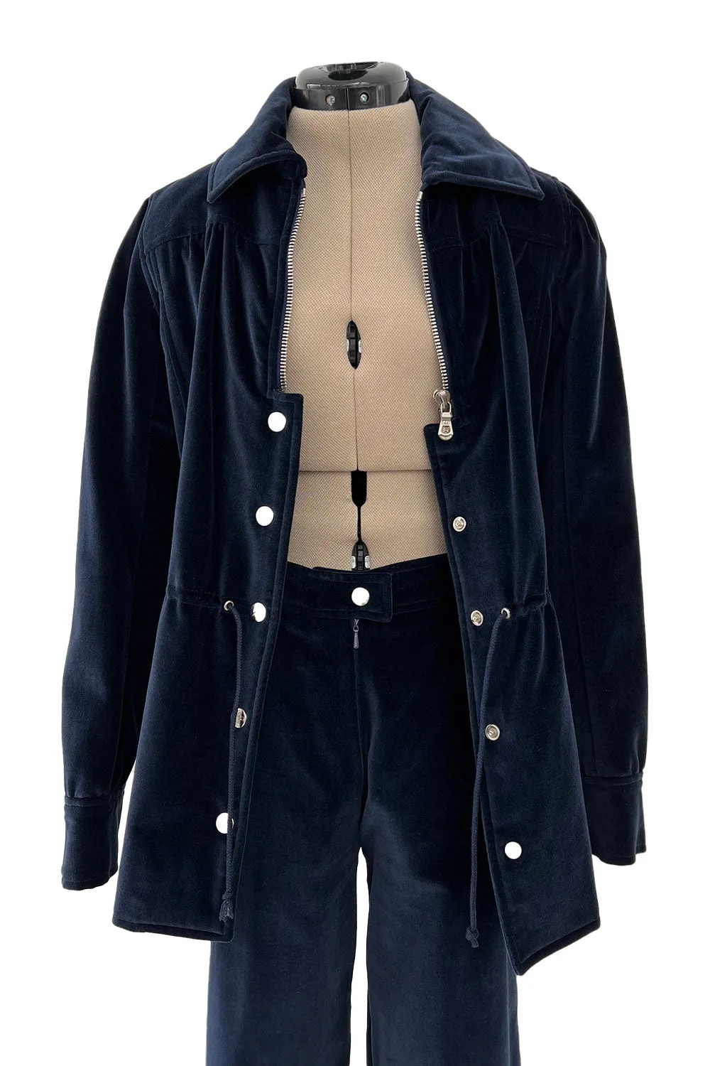 Numbered 1970s Andre Courreges Deep Blue Velvet Zip Jacket & Wide Legged Pant Set