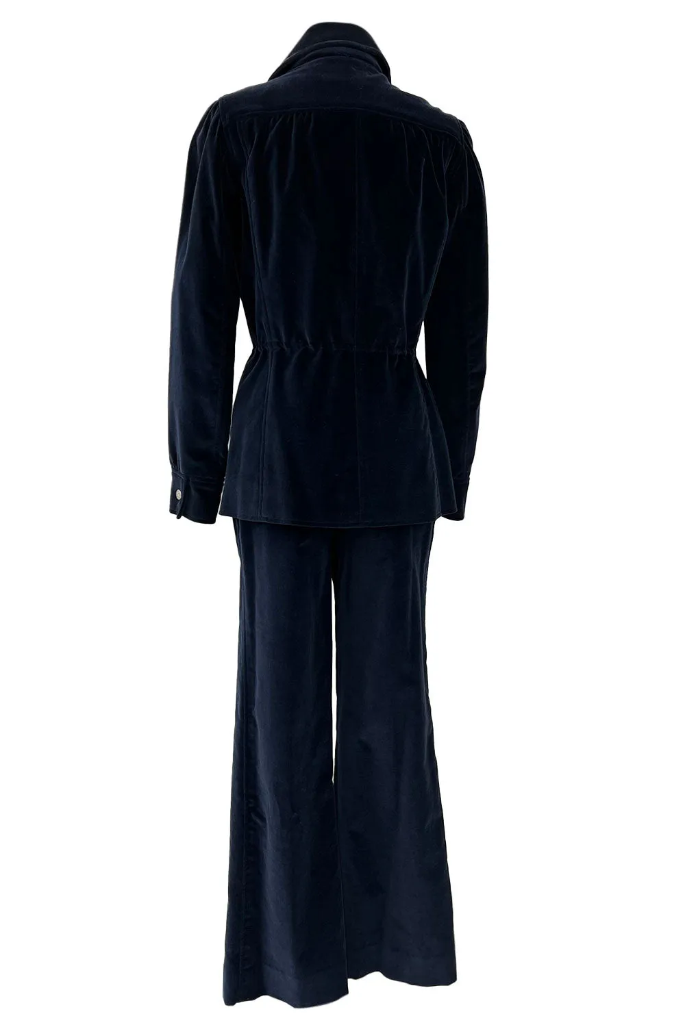 Numbered 1970s Andre Courreges Deep Blue Velvet Zip Jacket & Wide Legged Pant Set