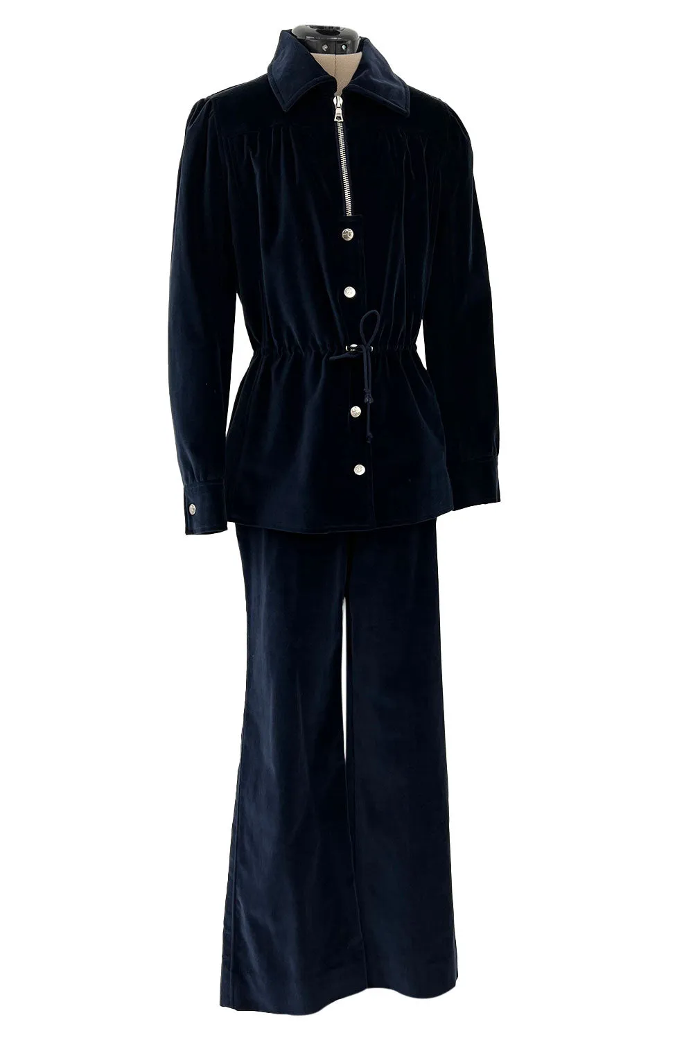 Numbered 1970s Andre Courreges Deep Blue Velvet Zip Jacket & Wide Legged Pant Set