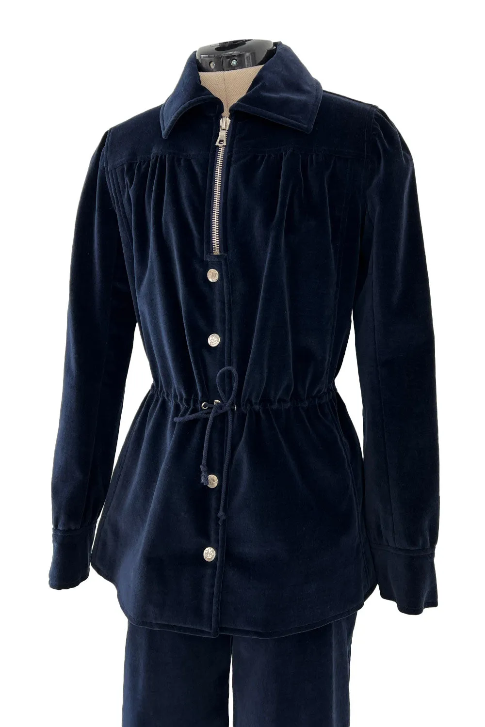 Numbered 1970s Andre Courreges Deep Blue Velvet Zip Jacket & Wide Legged Pant Set