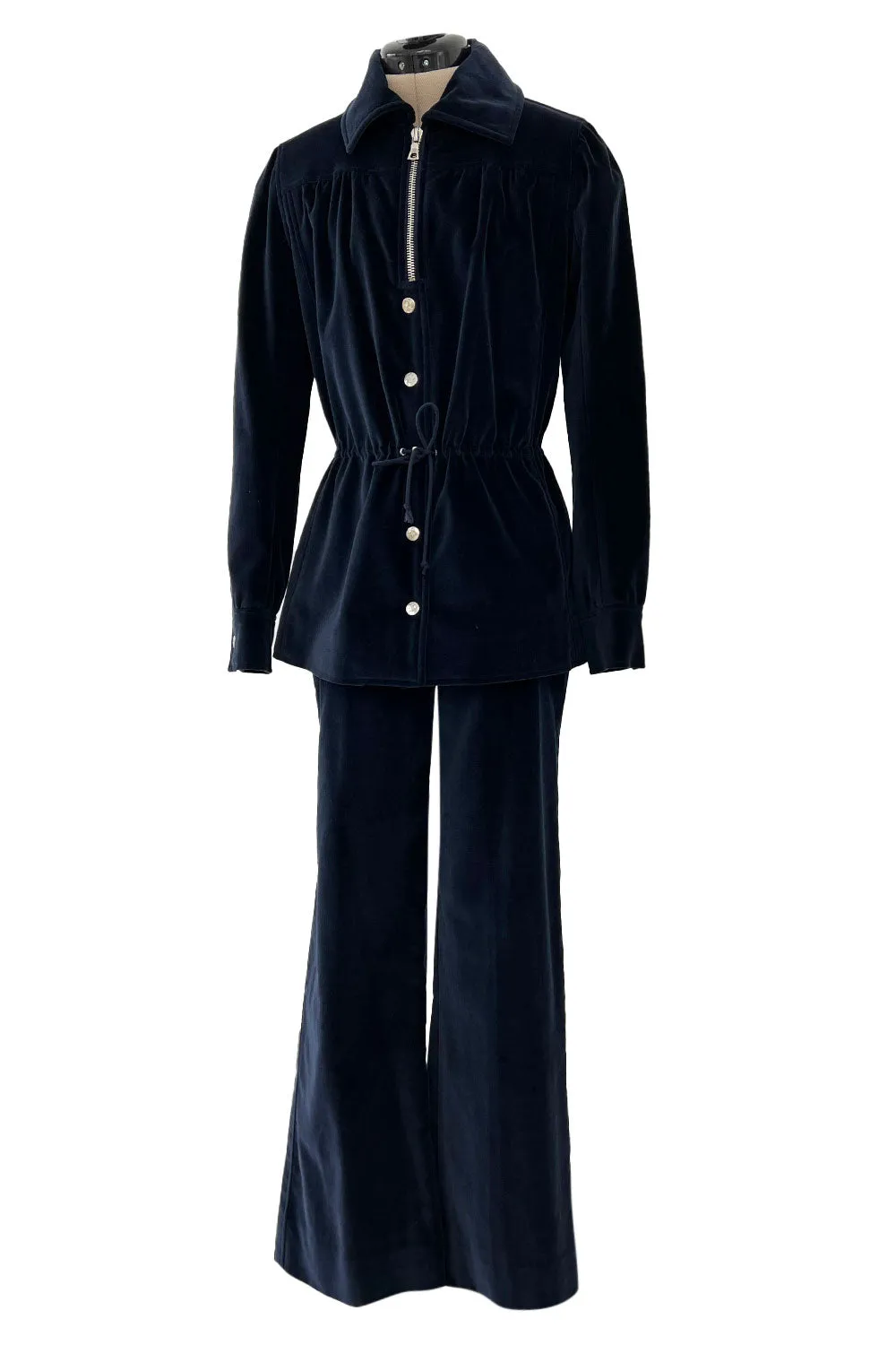 Numbered 1970s Andre Courreges Deep Blue Velvet Zip Jacket & Wide Legged Pant Set