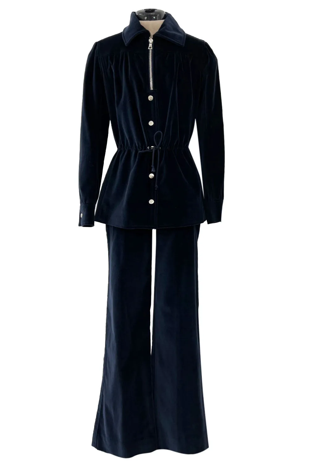 Numbered 1970s Andre Courreges Deep Blue Velvet Zip Jacket & Wide Legged Pant Set