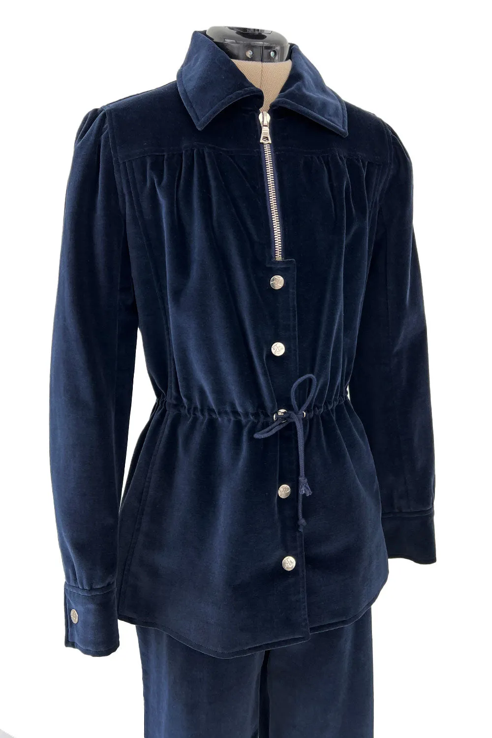 Numbered 1970s Andre Courreges Deep Blue Velvet Zip Jacket & Wide Legged Pant Set