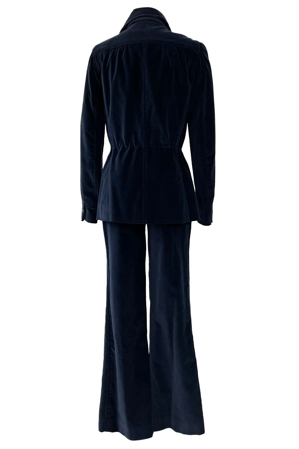 Numbered 1970s Andre Courreges Deep Blue Velvet Zip Jacket & Wide Legged Pant Set