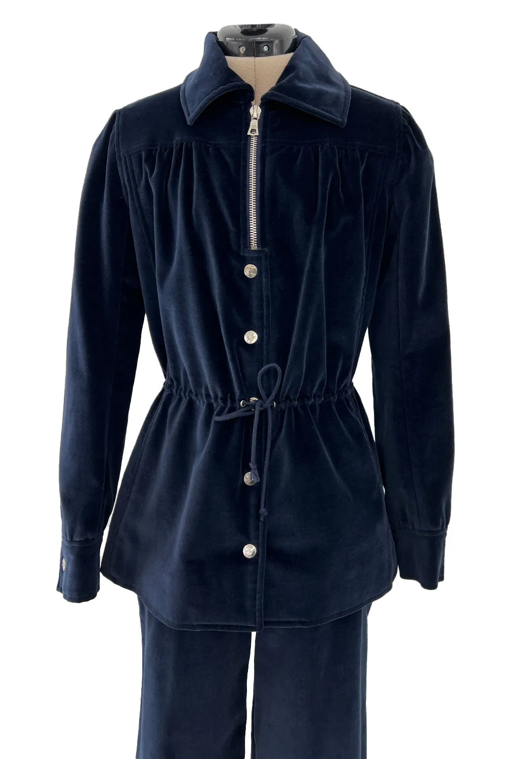 Numbered 1970s Andre Courreges Deep Blue Velvet Zip Jacket & Wide Legged Pant Set