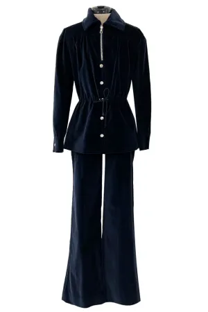 Numbered 1970s Andre Courreges Deep Blue Velvet Zip Jacket & Wide Legged Pant Set