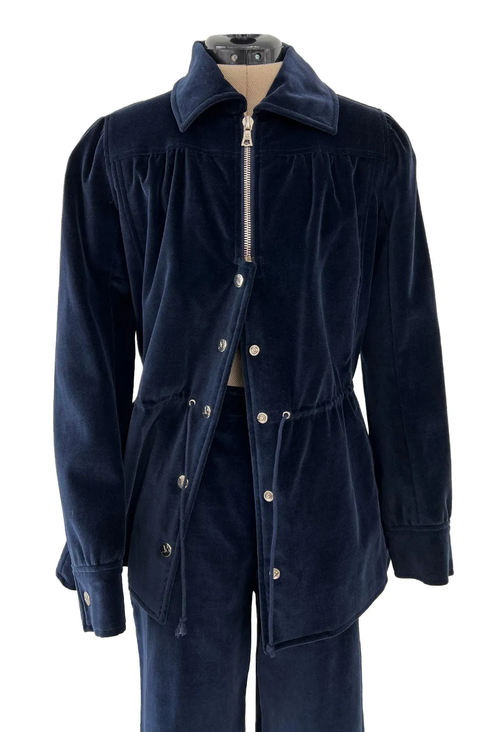 Numbered 1970s Andre Courreges Deep Blue Velvet Zip Jacket & Wide Legged Pant Set