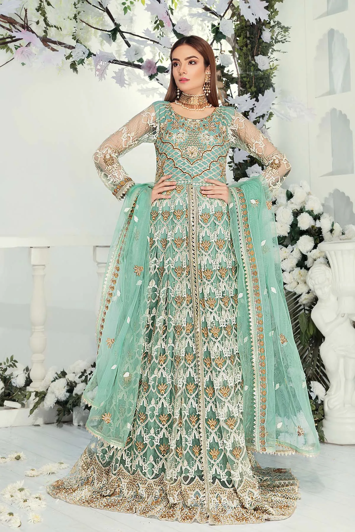 Pakistani Designer Dress in Turquoise Color #J6113