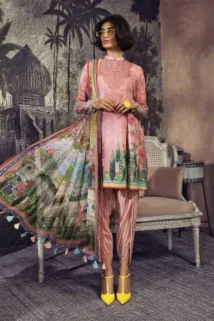 Pakistani designer karandi outfit digitally printed in pink color # P2361