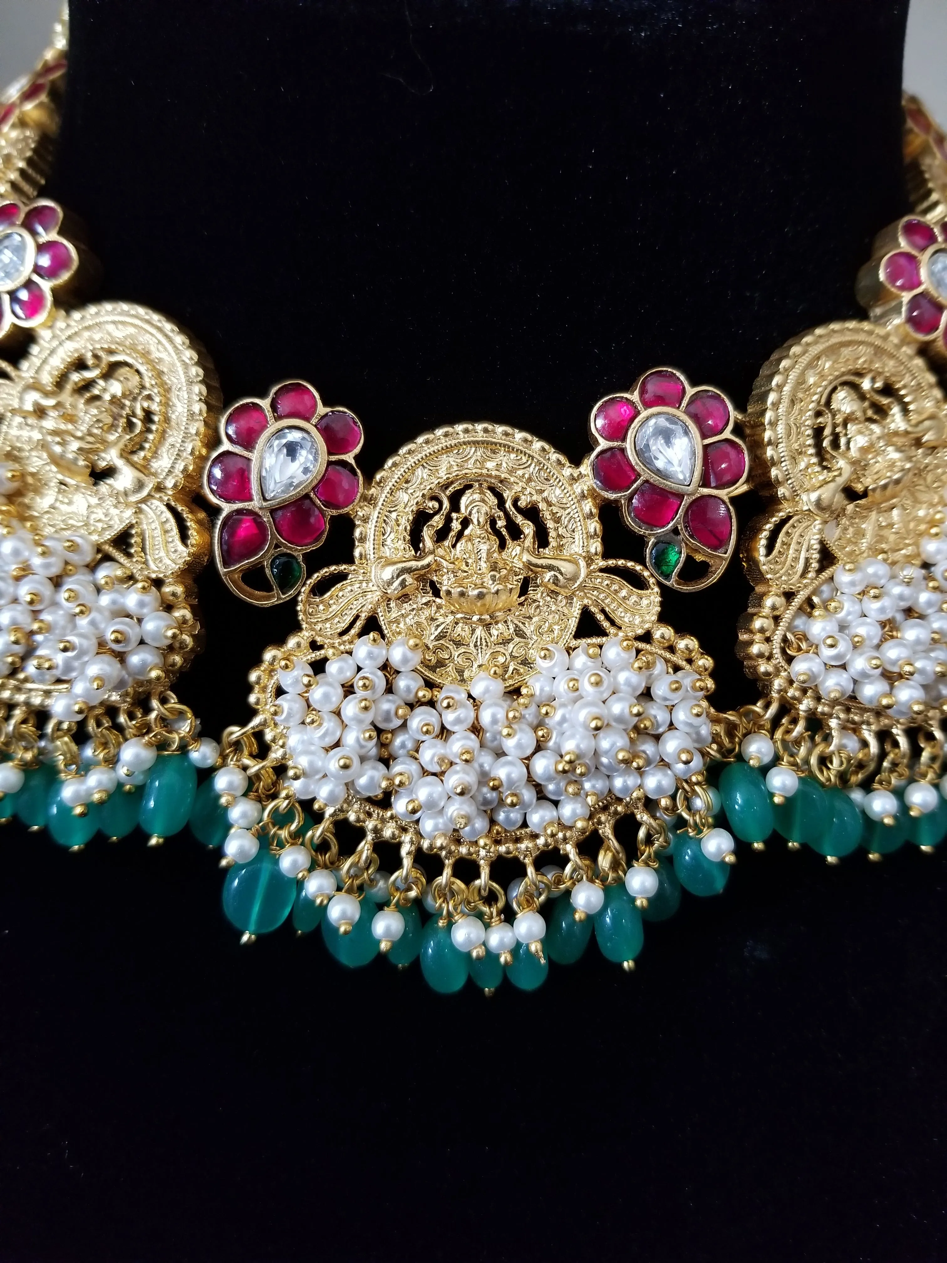 Pearl Cluster Kundan Jadau Lakshmi Necklace With Gold Palting