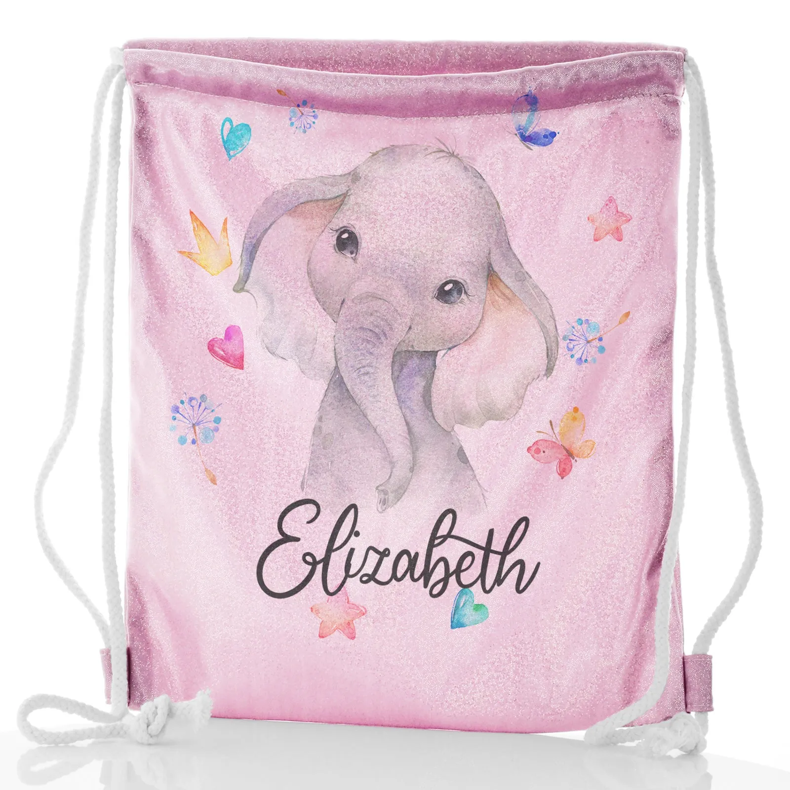 Personalised Glitter Drawstring Backpack with Grey Elephant with Hearts Stars Crowns Butterfly and Cute Text