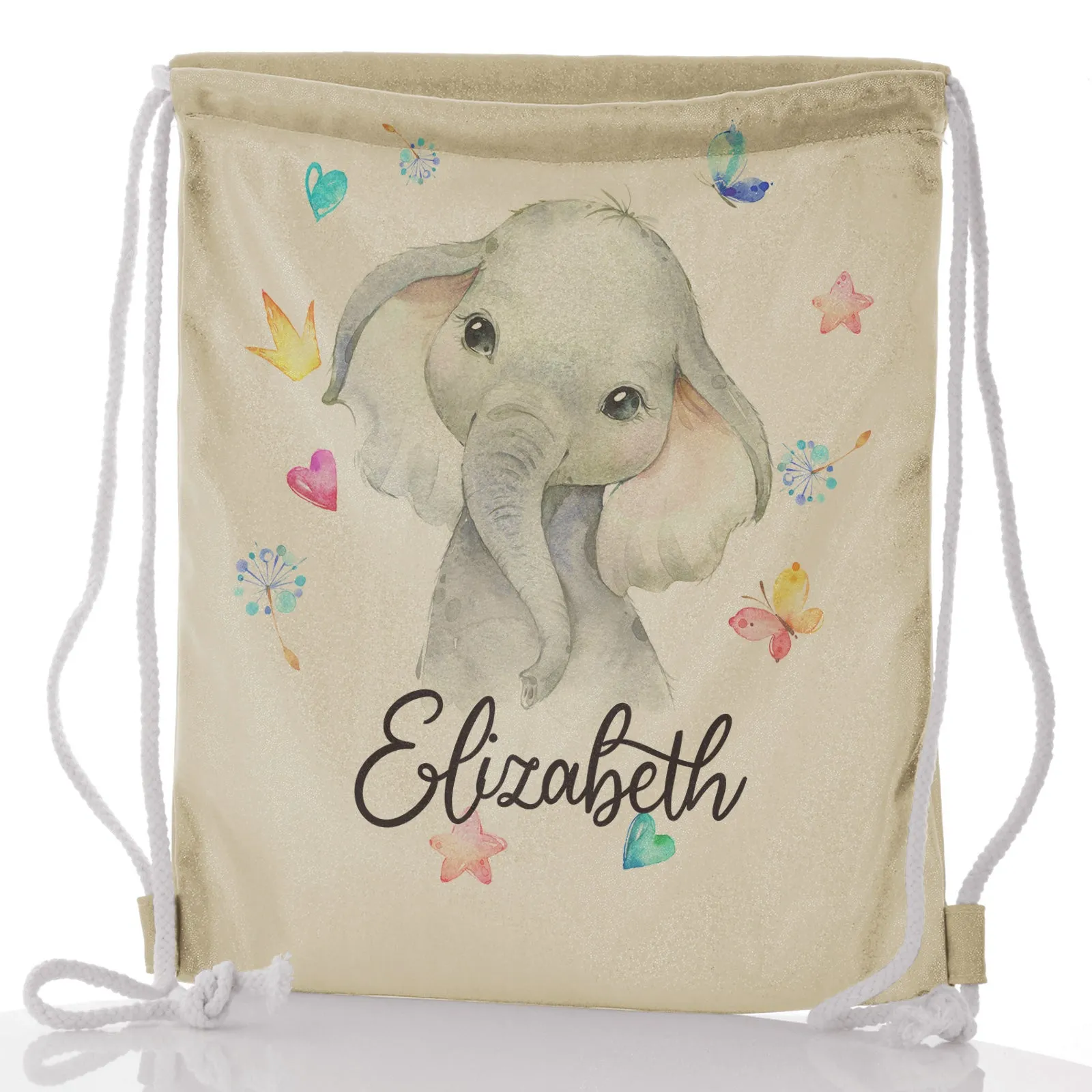 Personalised Glitter Drawstring Backpack with Grey Elephant with Hearts Stars Crowns Butterfly and Cute Text