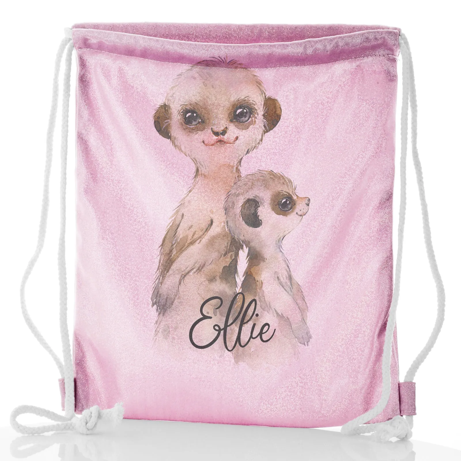 Personalised Glitter Drawstring Backpack with Meerkat Baby and Adult and Cute Text