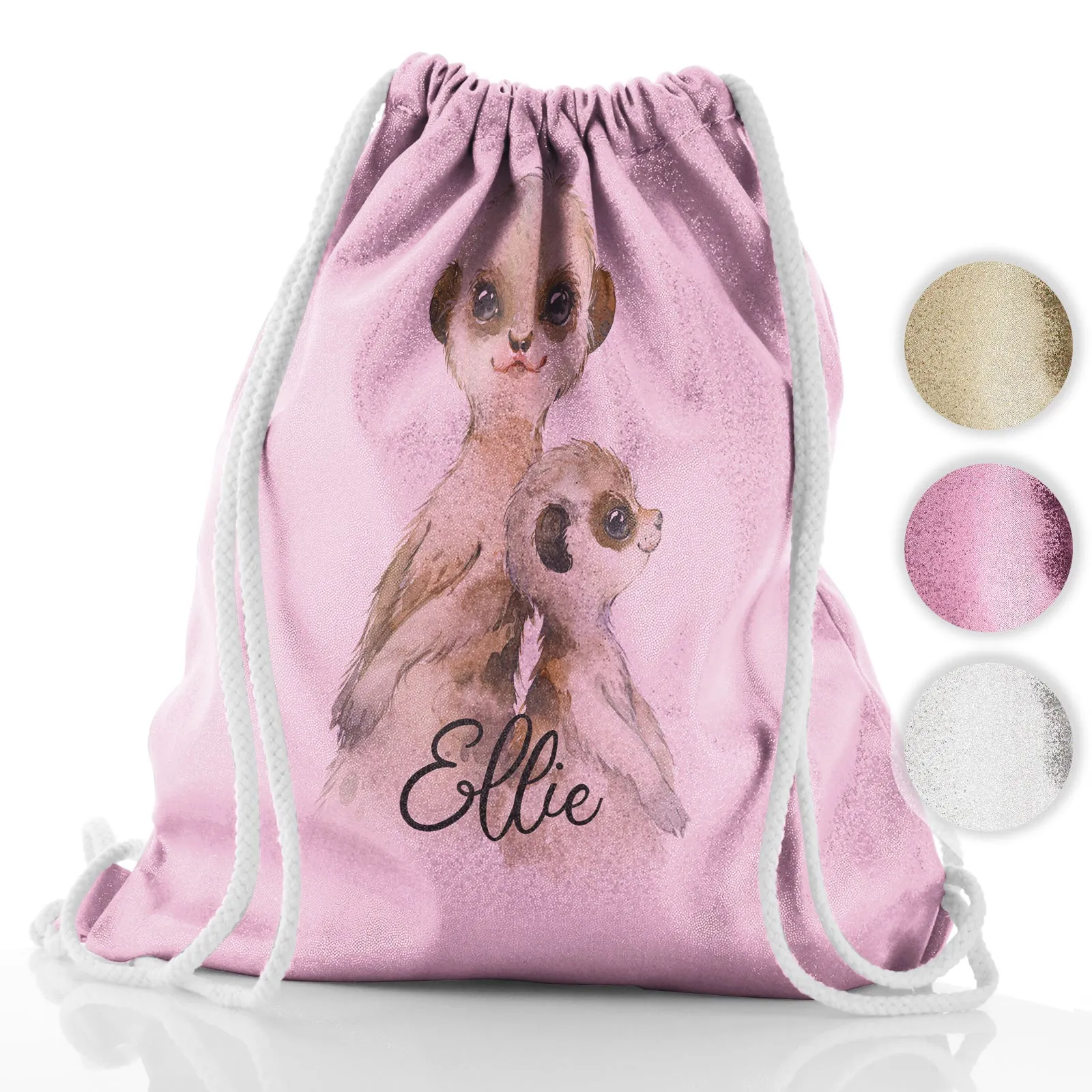 Personalised Glitter Drawstring Backpack with Meerkat Baby and Adult and Cute Text