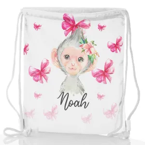 Personalised Glitter Drawstring Backpack with Monkey Pink Bows and Cute Text