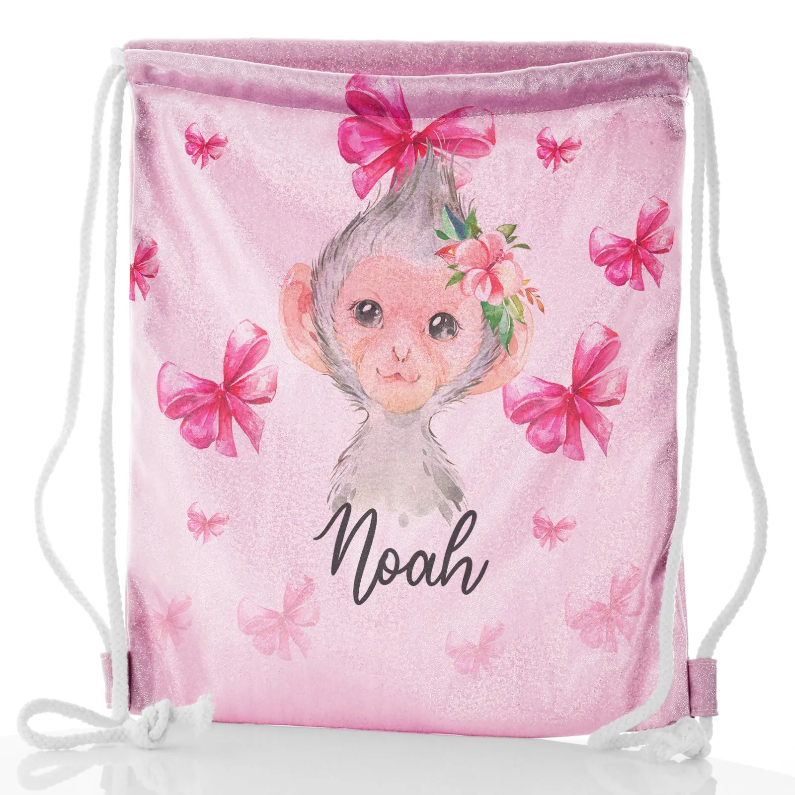 Personalised Glitter Drawstring Backpack with Monkey Pink Bows and Cute Text