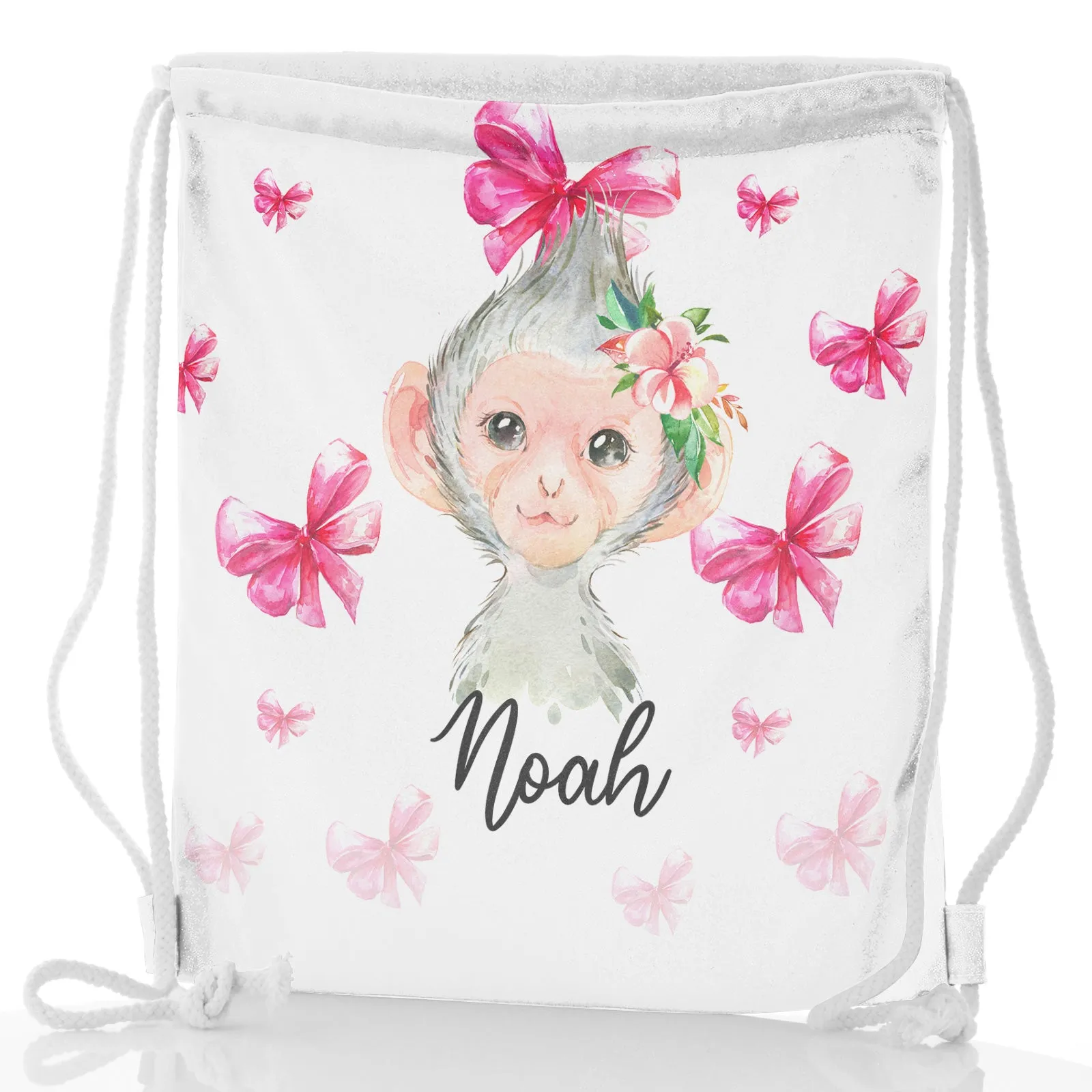Personalised Glitter Drawstring Backpack with Monkey Pink Bows and Cute Text