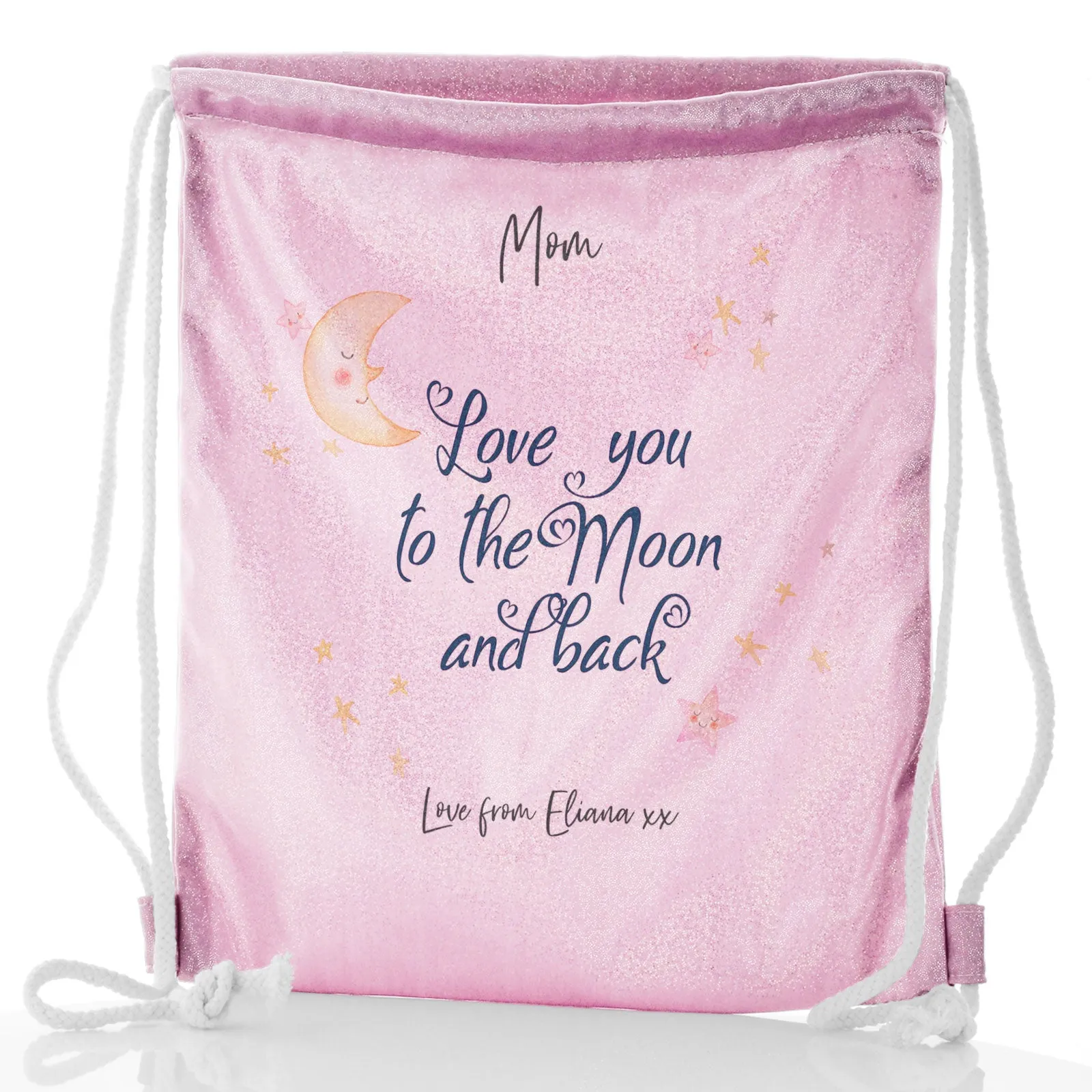 Personalised Glitter Drawstring Backpack with Stylish Text and Moon Love Message