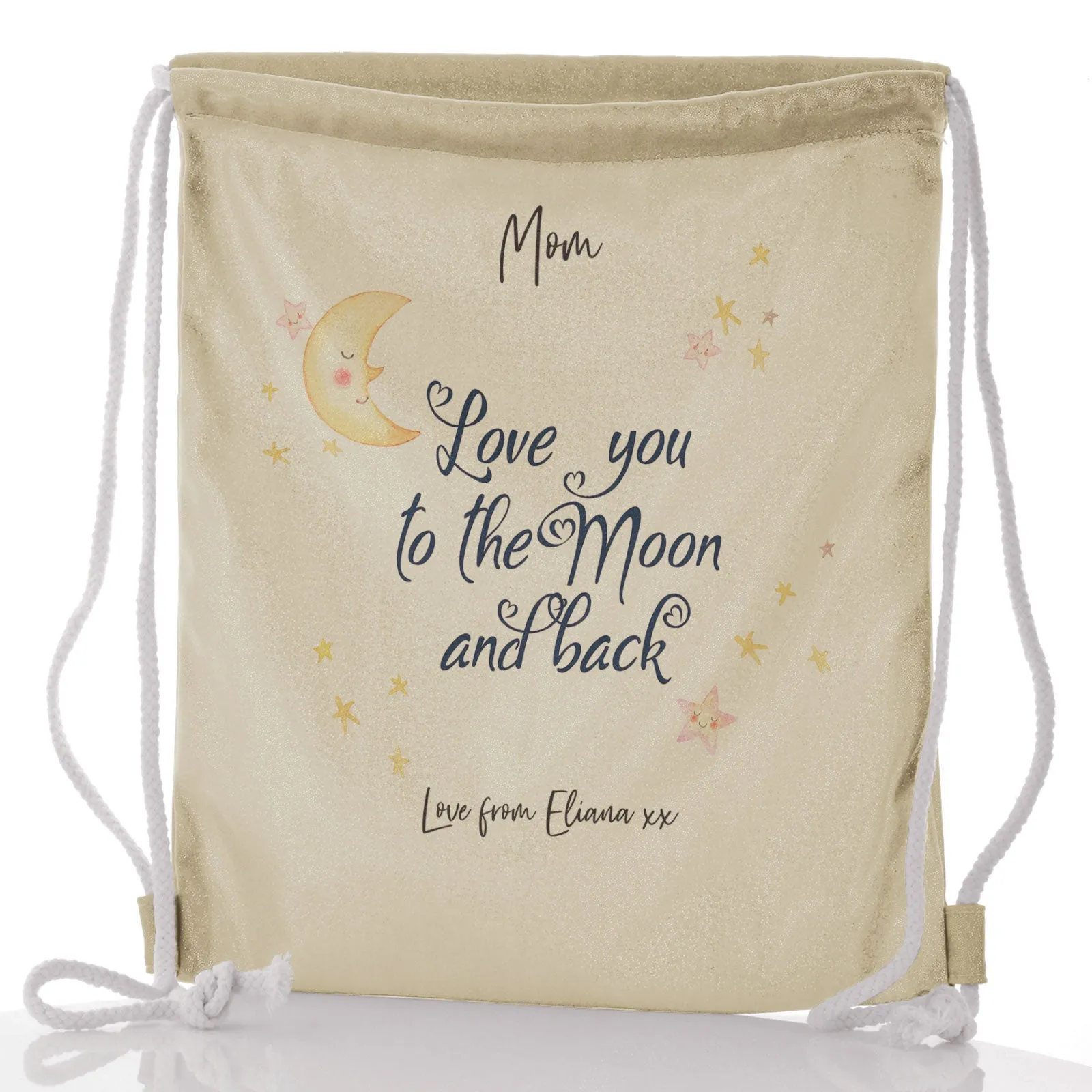 Personalised Glitter Drawstring Backpack with Stylish Text and Moon Love Message