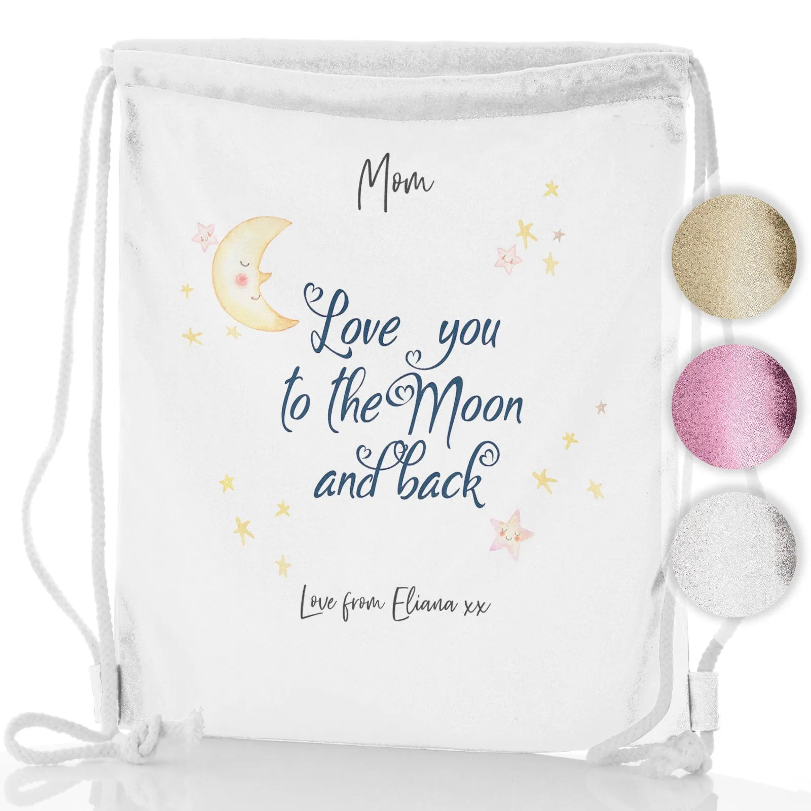 Personalised Glitter Drawstring Backpack with Stylish Text and Moon Love Message