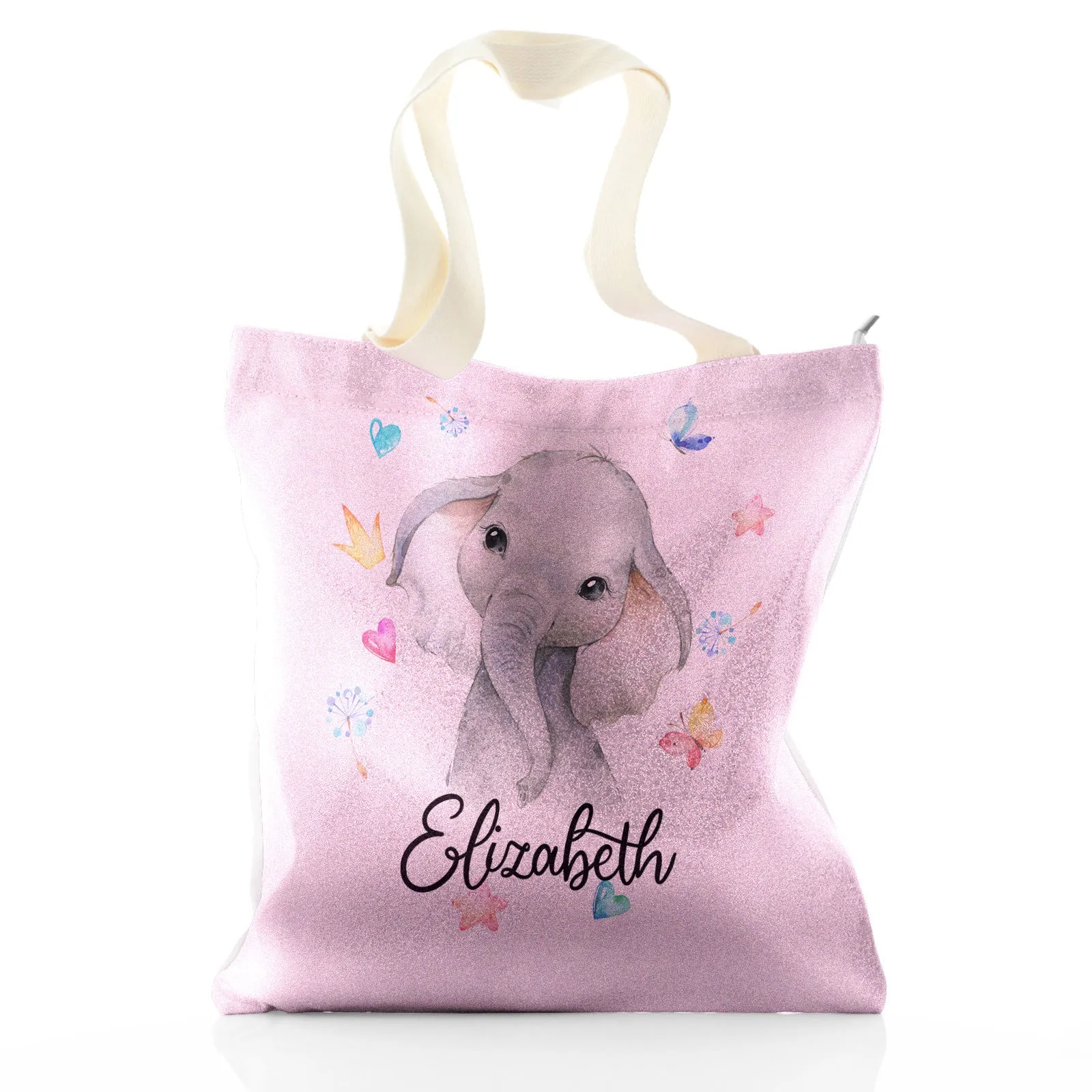 Personalised Glitter Tote Bag with Grey Elephant with Hearts Stars Crowns Butterfly and Cute Text