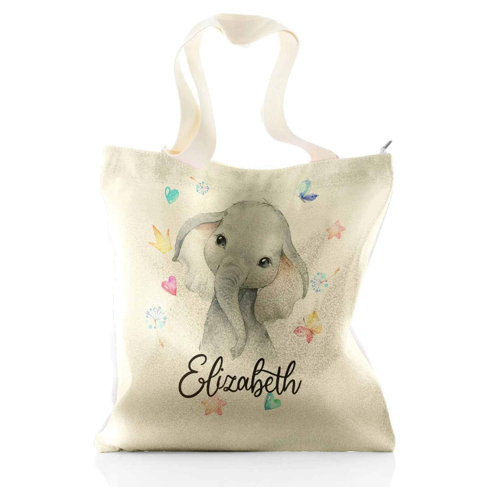 Personalised Glitter Tote Bag with Grey Elephant with Hearts Stars Crowns Butterfly and Cute Text