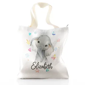 Personalised Glitter Tote Bag with Grey Elephant with Hearts Stars Crowns Butterfly and Cute Text