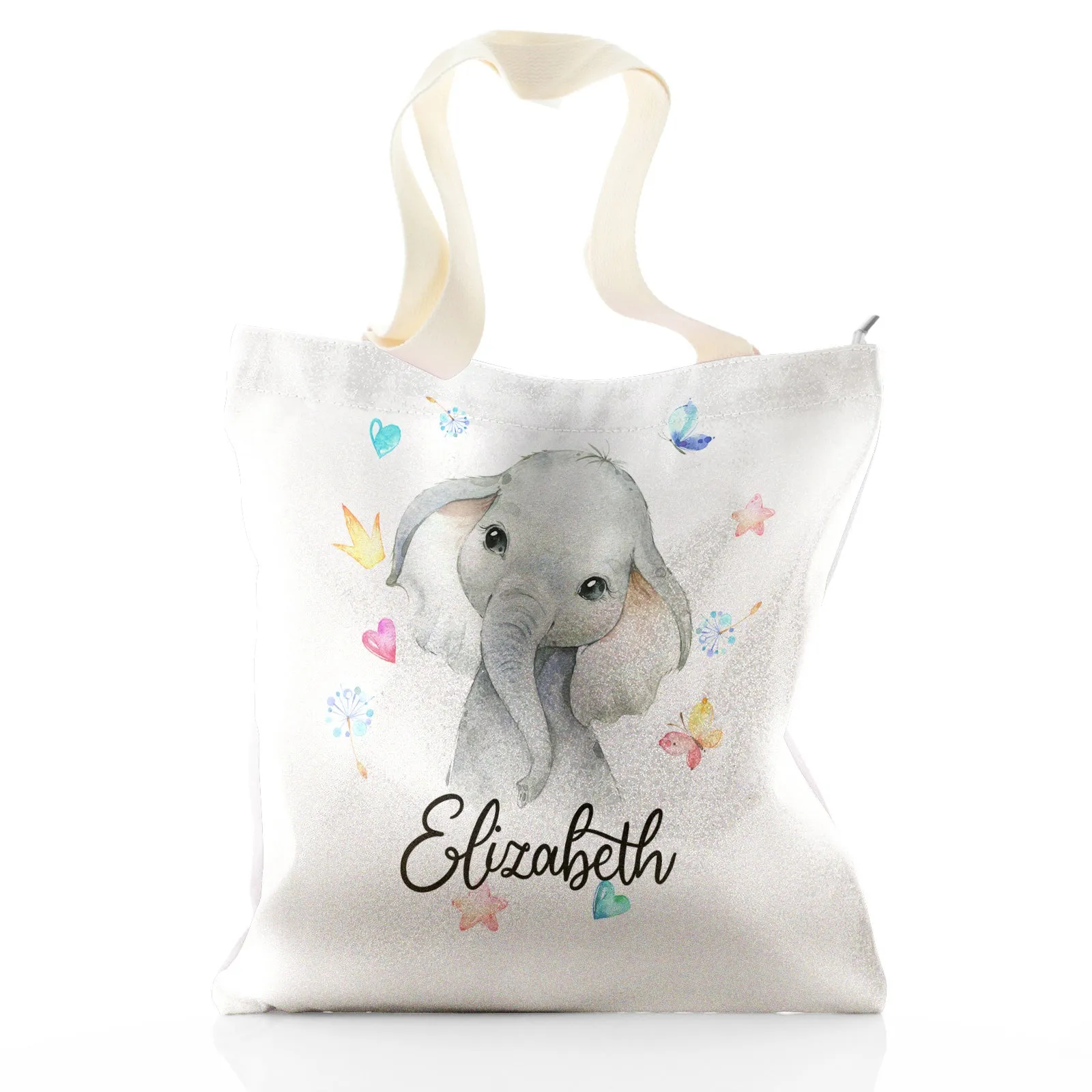 Personalised Glitter Tote Bag with Grey Elephant with Hearts Stars Crowns Butterfly and Cute Text