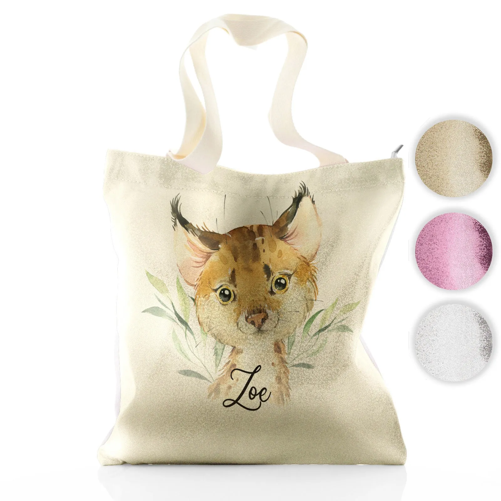 Personalised Glitter Tote Bag with Spot Cat and Leaves and Cute Text