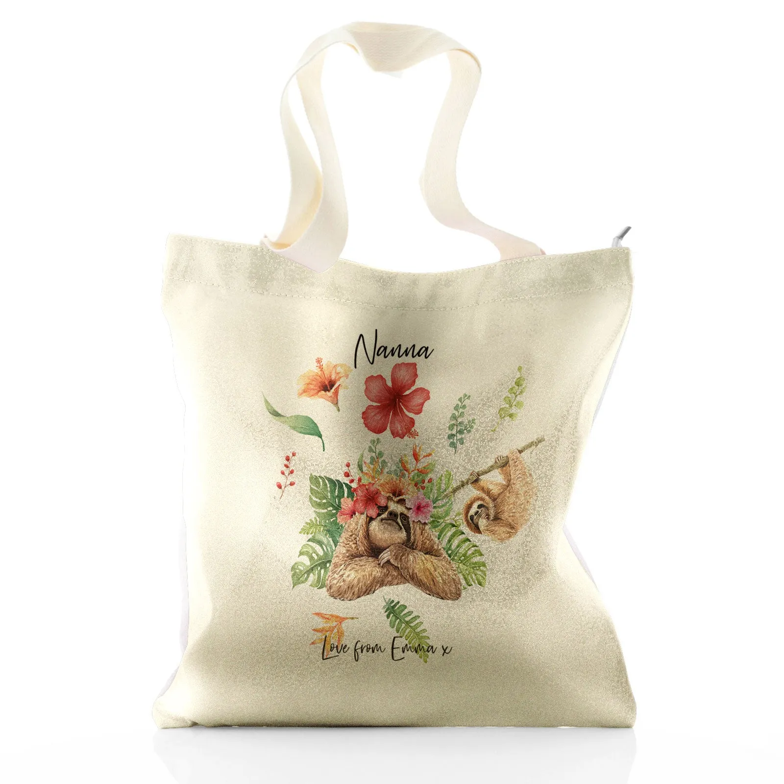 Personalised Glitter Tote Bag with Stylish Text and Floral Mum and Baby Sloths