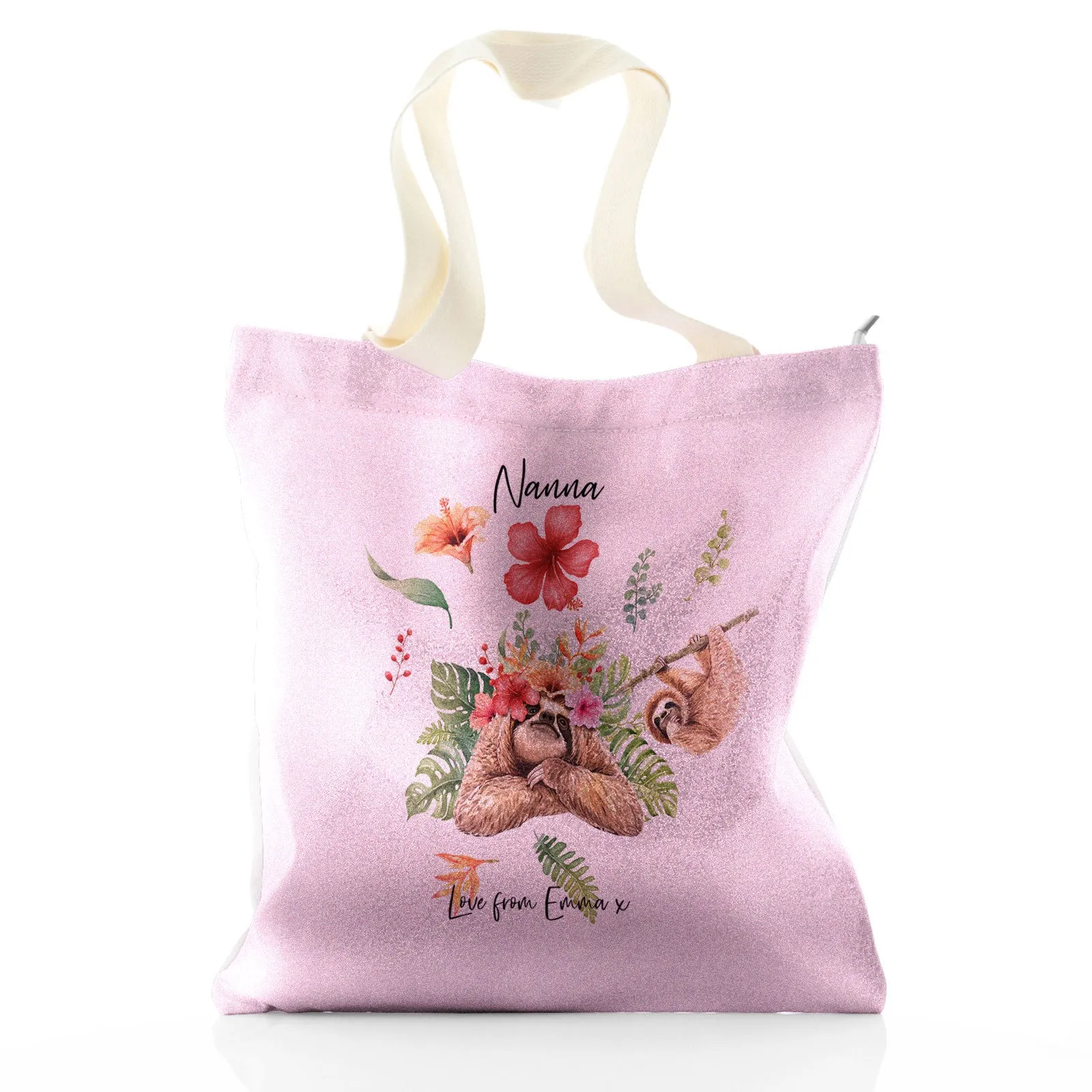 Personalised Glitter Tote Bag with Stylish Text and Floral Mum and Baby Sloths