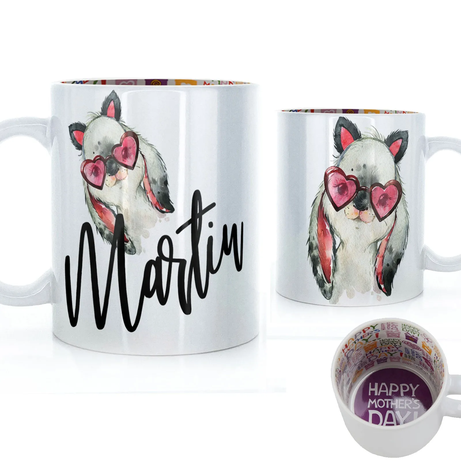 Personalised Mug with Stylish Text and Heart Glasses Rabbit