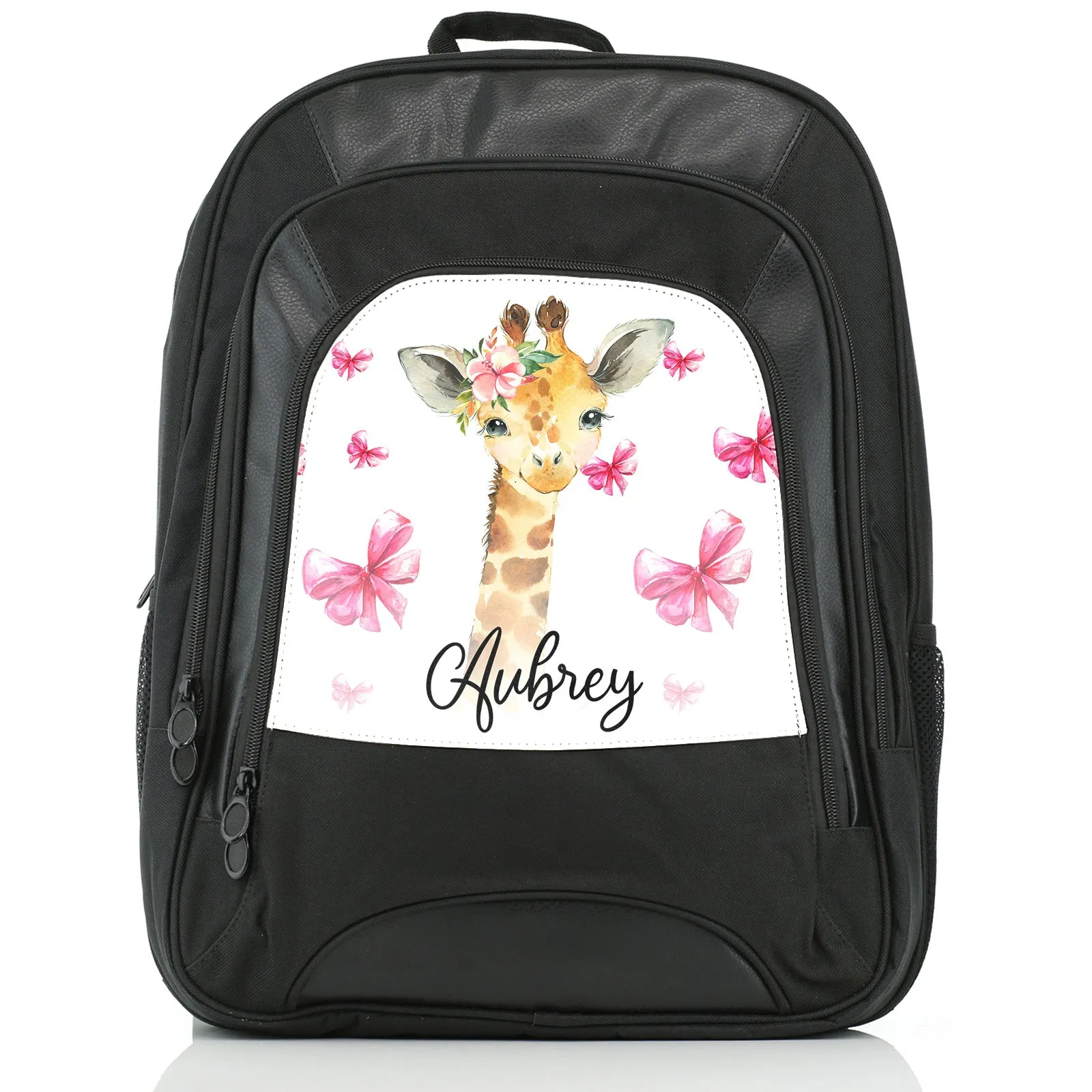 Personalised Rucksack with Giraffe Pink Bows and Cute Text