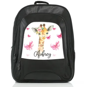 Personalised Rucksack with Giraffe Pink Bows and Cute Text