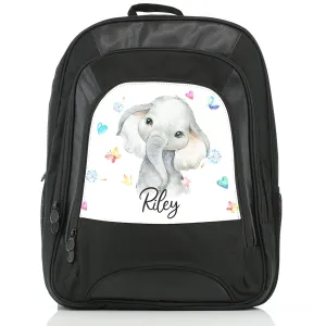 Personalised Rucksack with Grey Elephant with Hearts Stars Crowns Butterfly and Cute Text