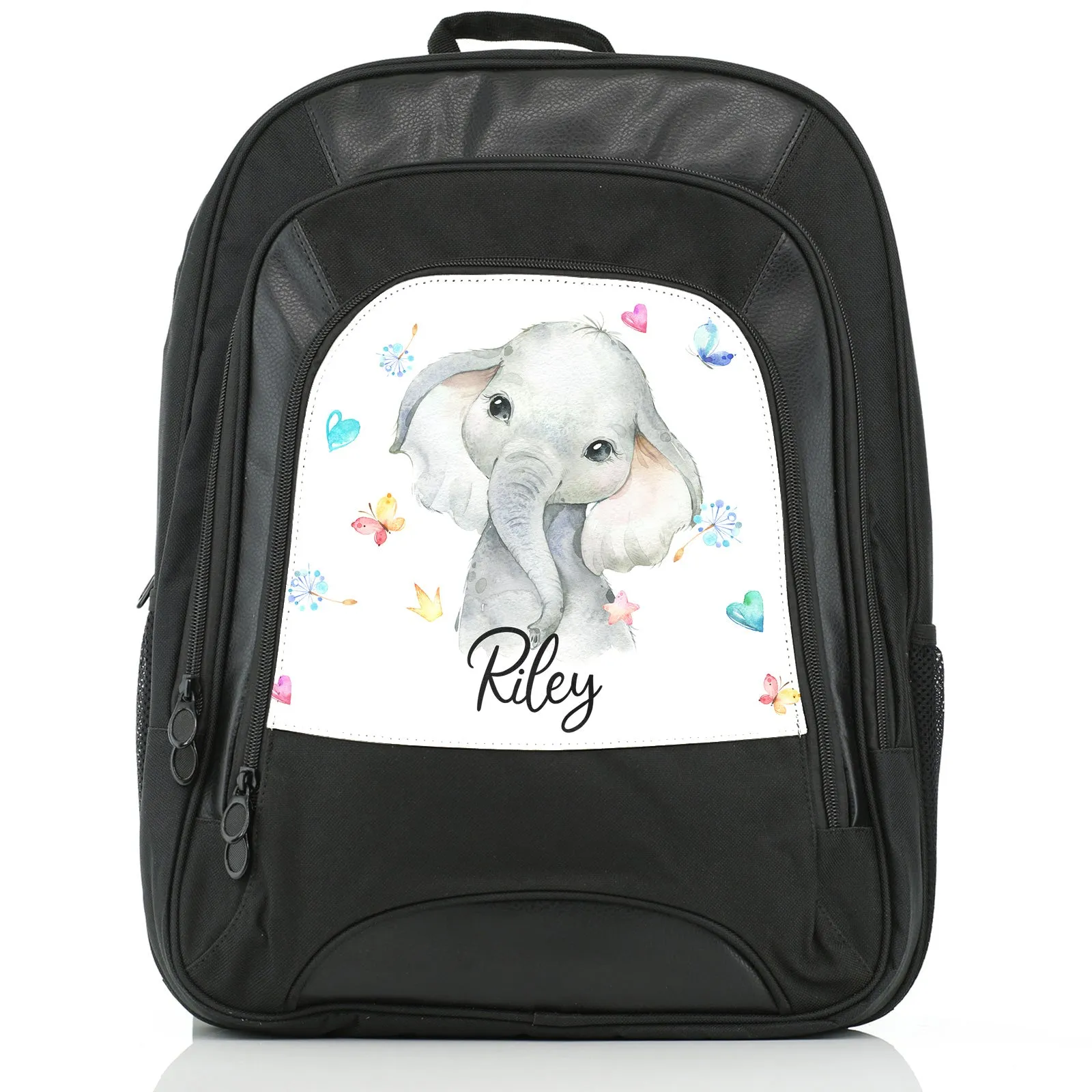 Personalised Rucksack with Grey Elephant with Hearts Stars Crowns Butterfly and Cute Text