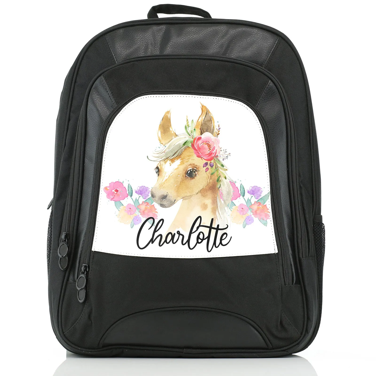 Personalised Rucksack with Palomino Horse Multicolour Flower Print and Cute Text