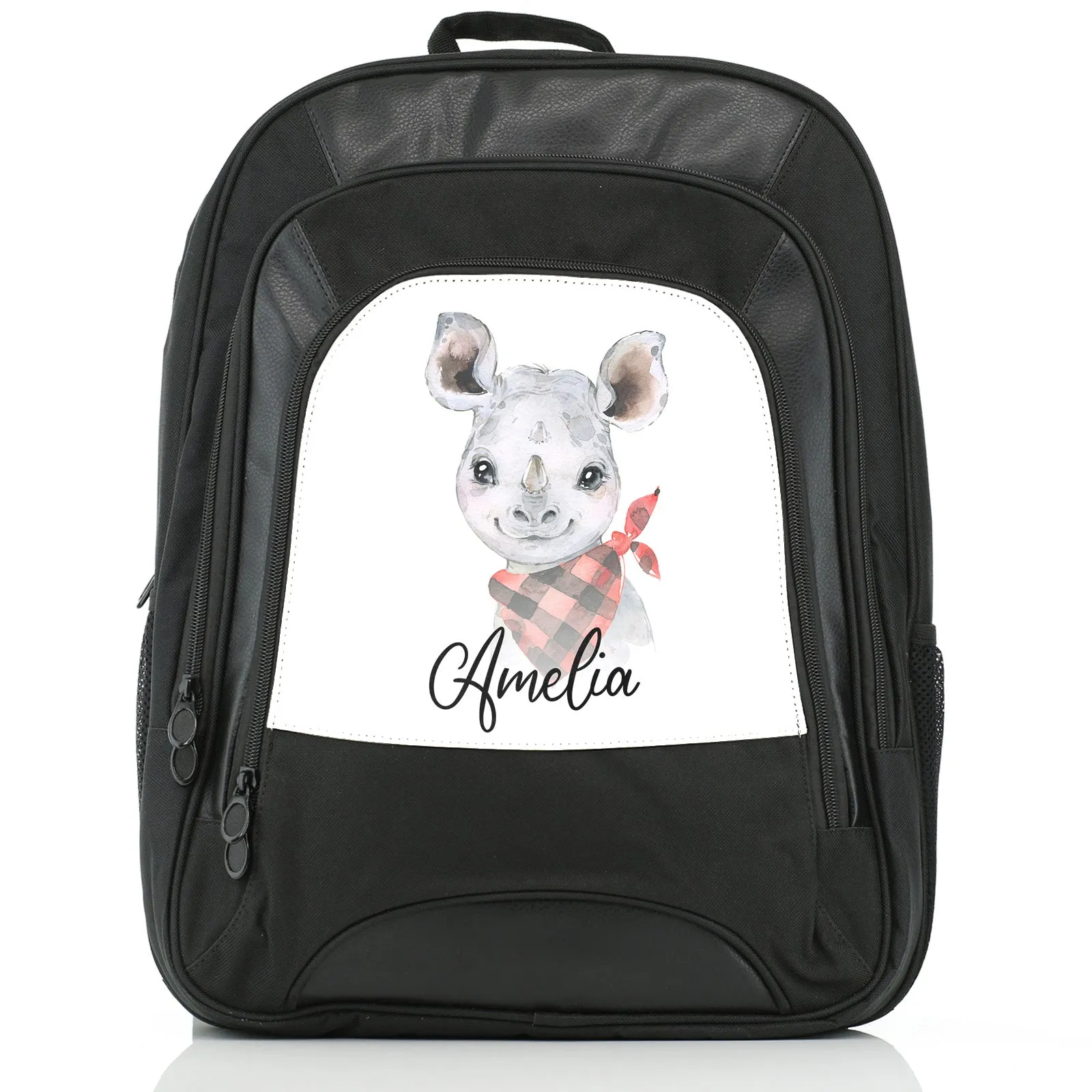Personalised Rucksack with Rhino Red and Black Check Neck and Cute Text