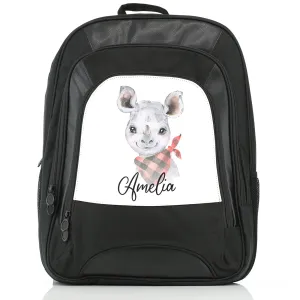 Personalised Rucksack with Rhino Red and Black Check Neck and Cute Text