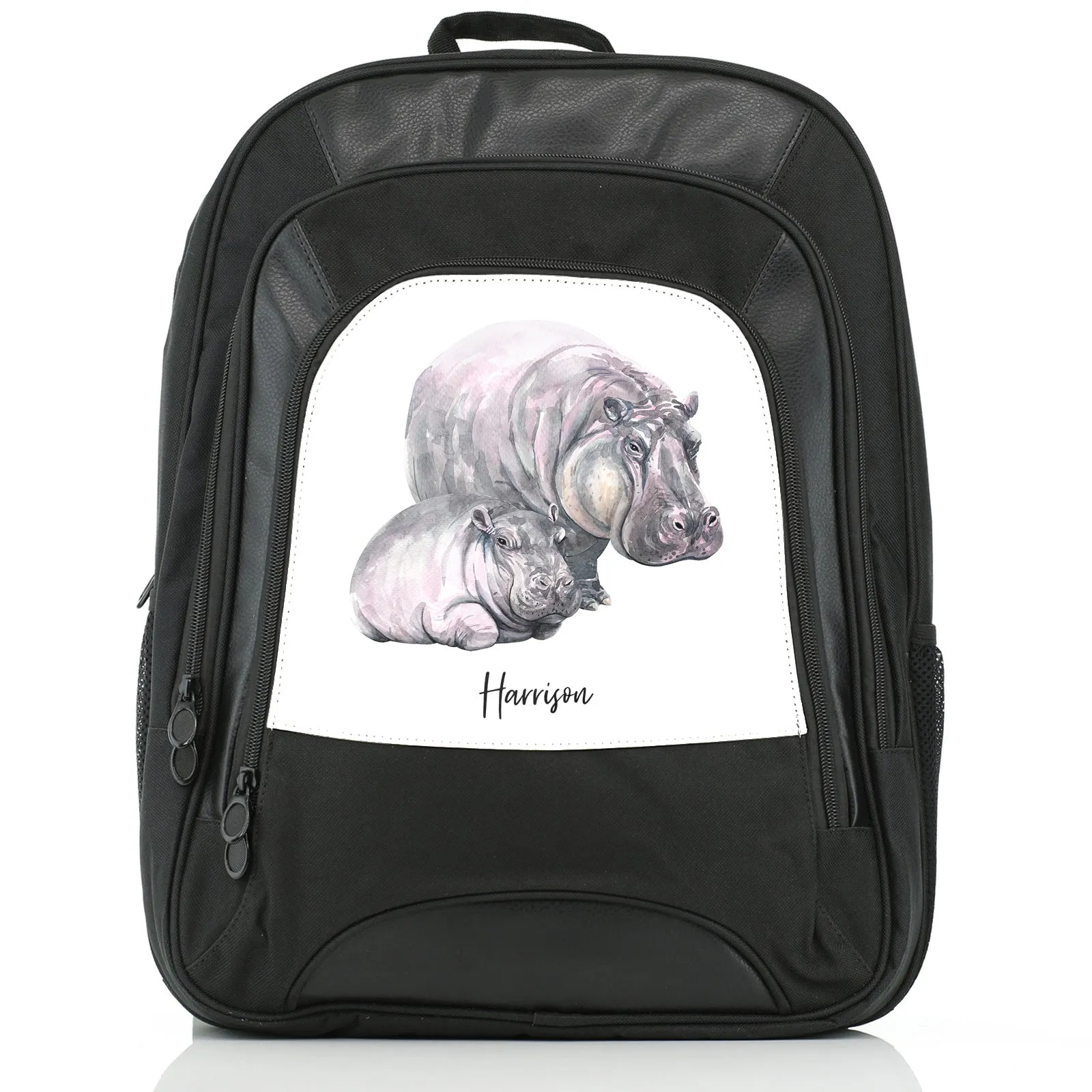 Personalised Rucksack with Welcoming Text and Relaxing Mum and Baby Hippos