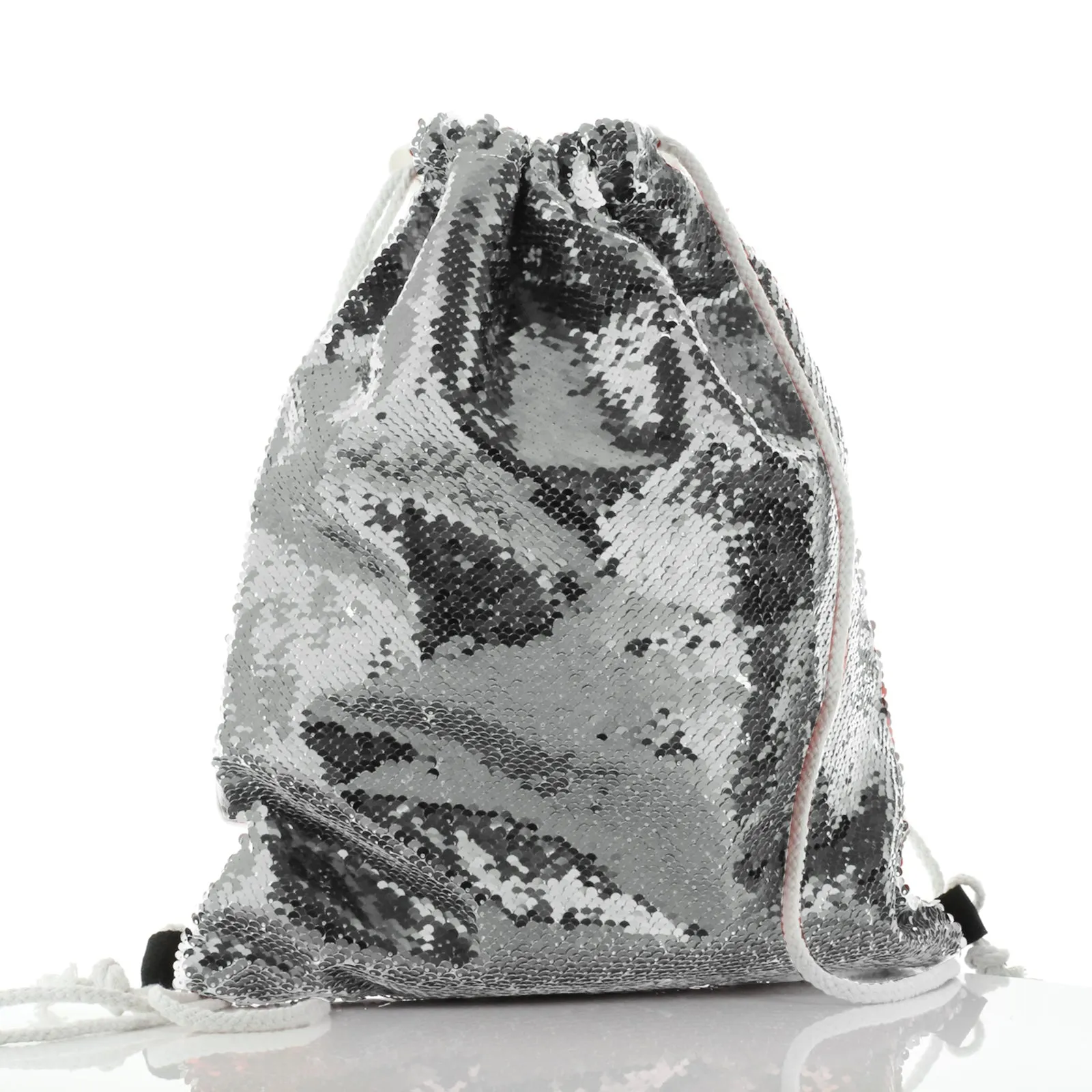 Personalised Sequin Drawstring Backpack with Giraffe Pink Bow Multicolour Flowers and Cute Text
