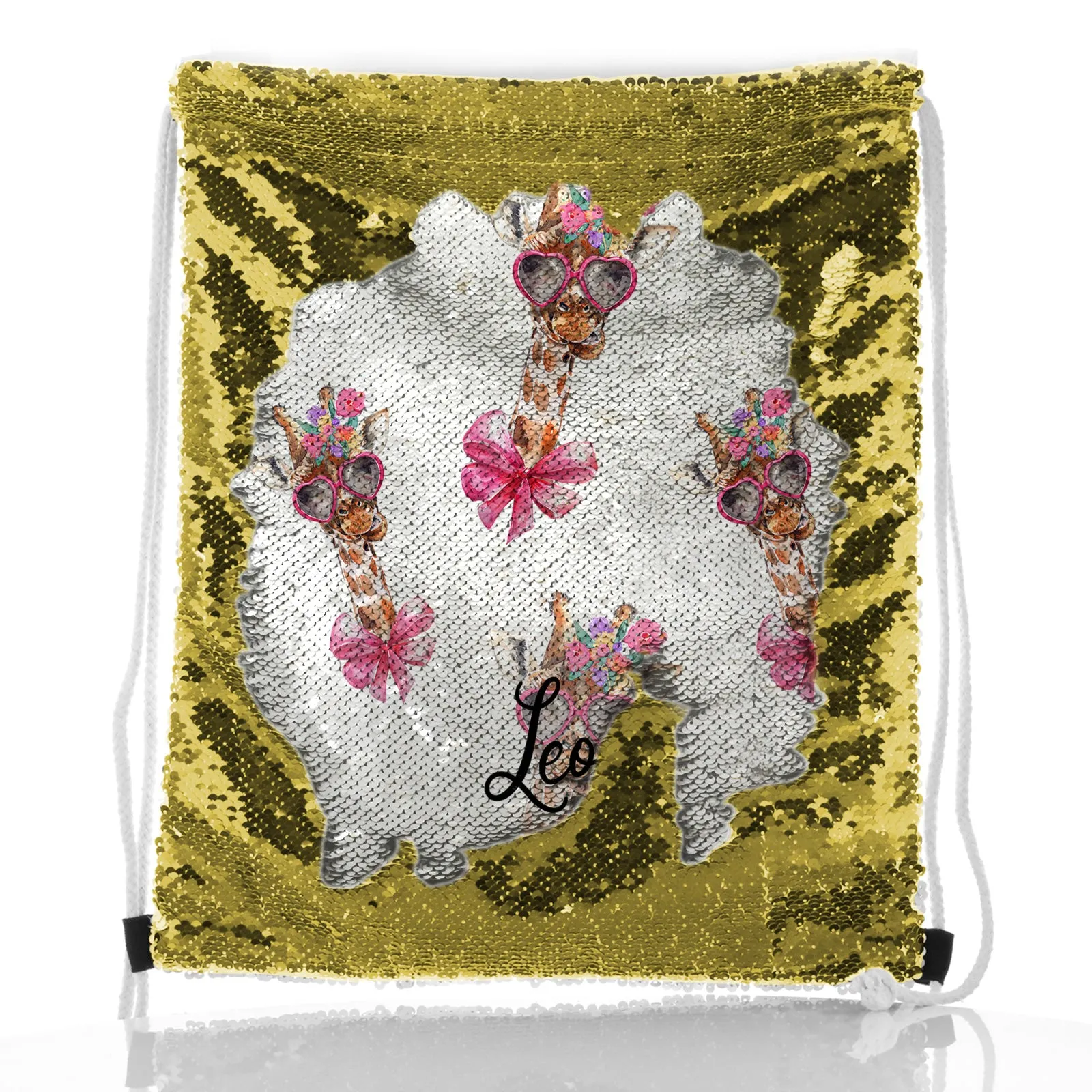 Personalised Sequin Drawstring Backpack with Giraffe Pink Bow Multicolour Flowers and Cute Text