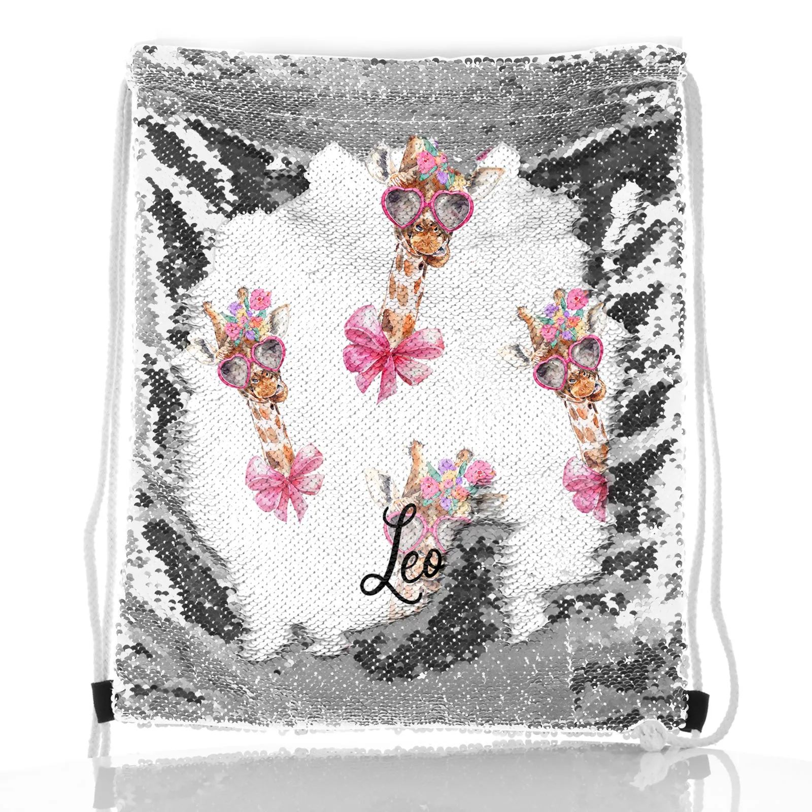 Personalised Sequin Drawstring Backpack with Giraffe Pink Bow Multicolour Flowers and Cute Text