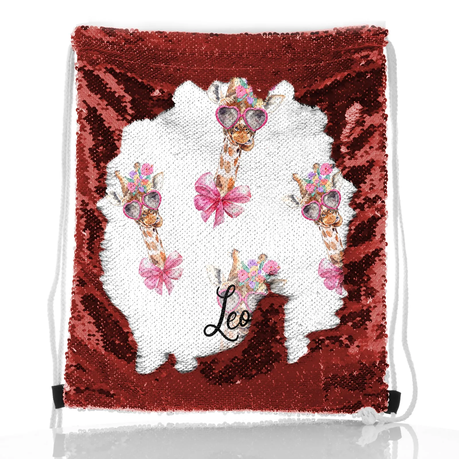 Personalised Sequin Drawstring Backpack with Giraffe Pink Bow Multicolour Flowers and Cute Text