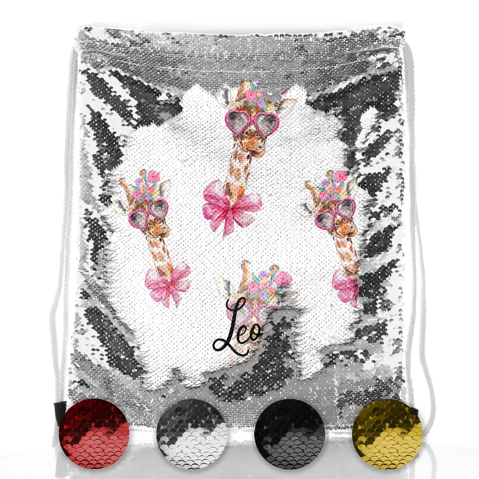 Personalised Sequin Drawstring Backpack with Giraffe Pink Bow Multicolour Flowers and Cute Text