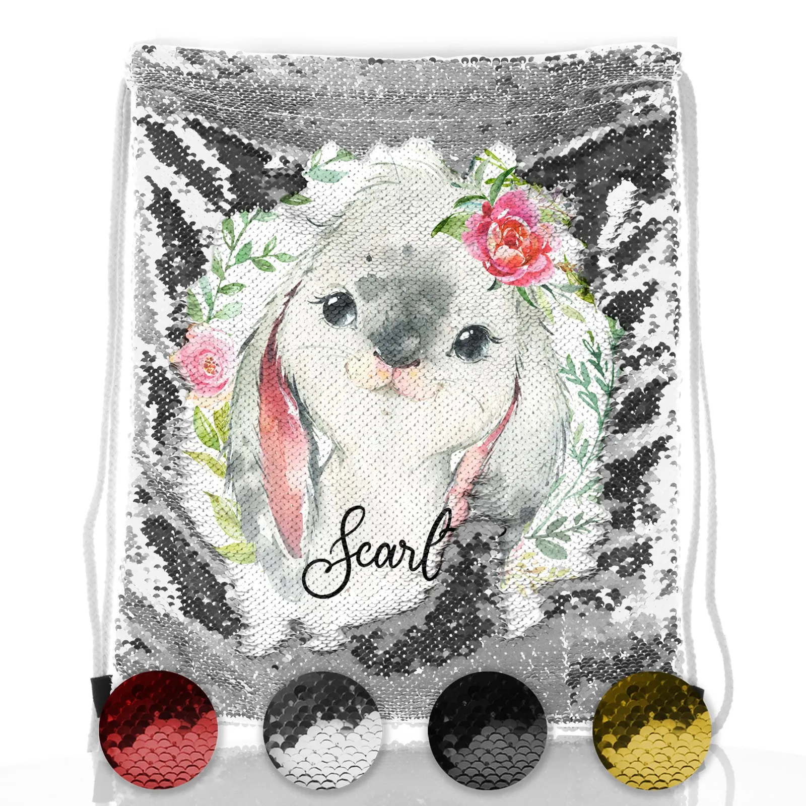 Personalised Sequin Drawstring Backpack with Grey Rabbit Flower Wreath and Cute Text