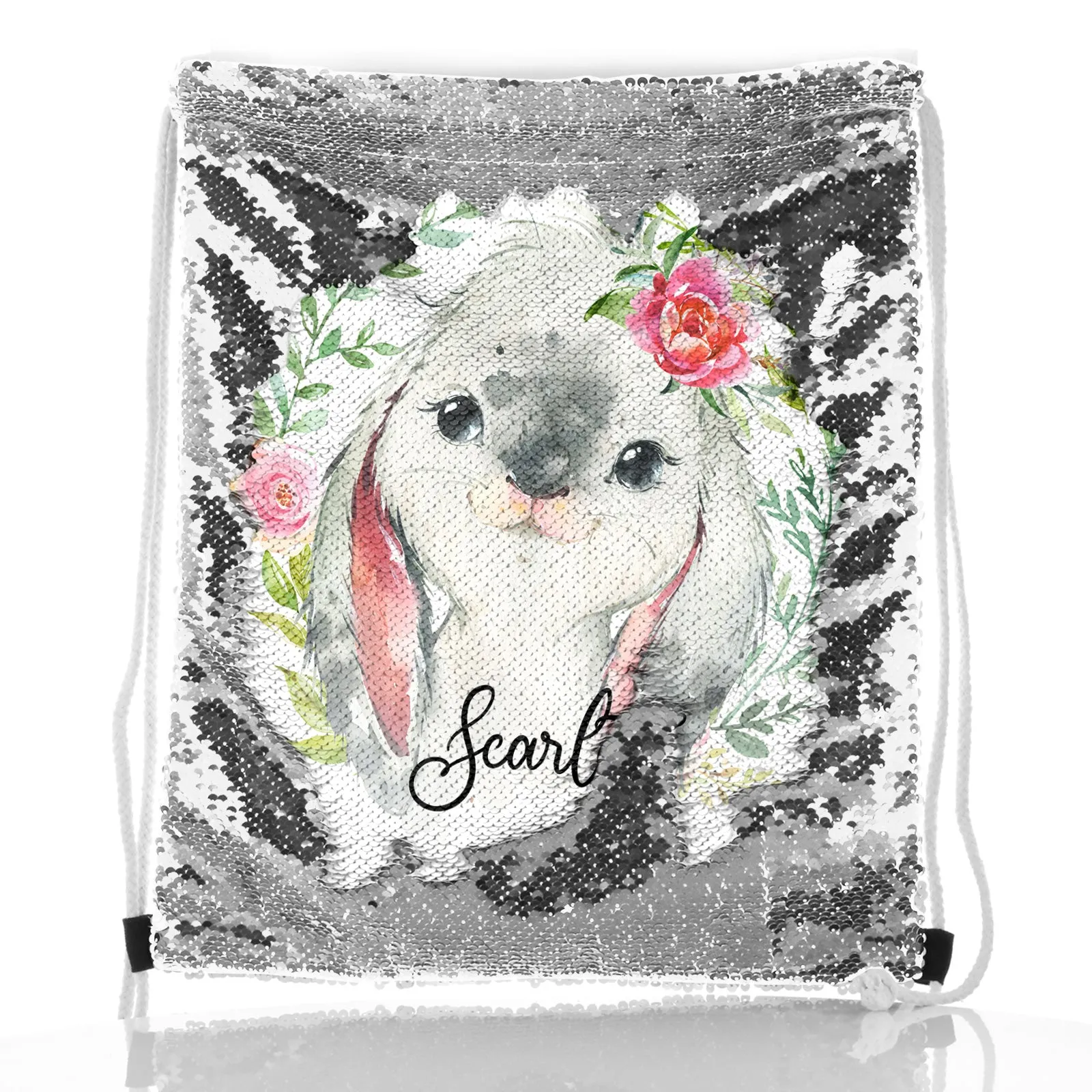 Personalised Sequin Drawstring Backpack with Grey Rabbit Flower Wreath and Cute Text