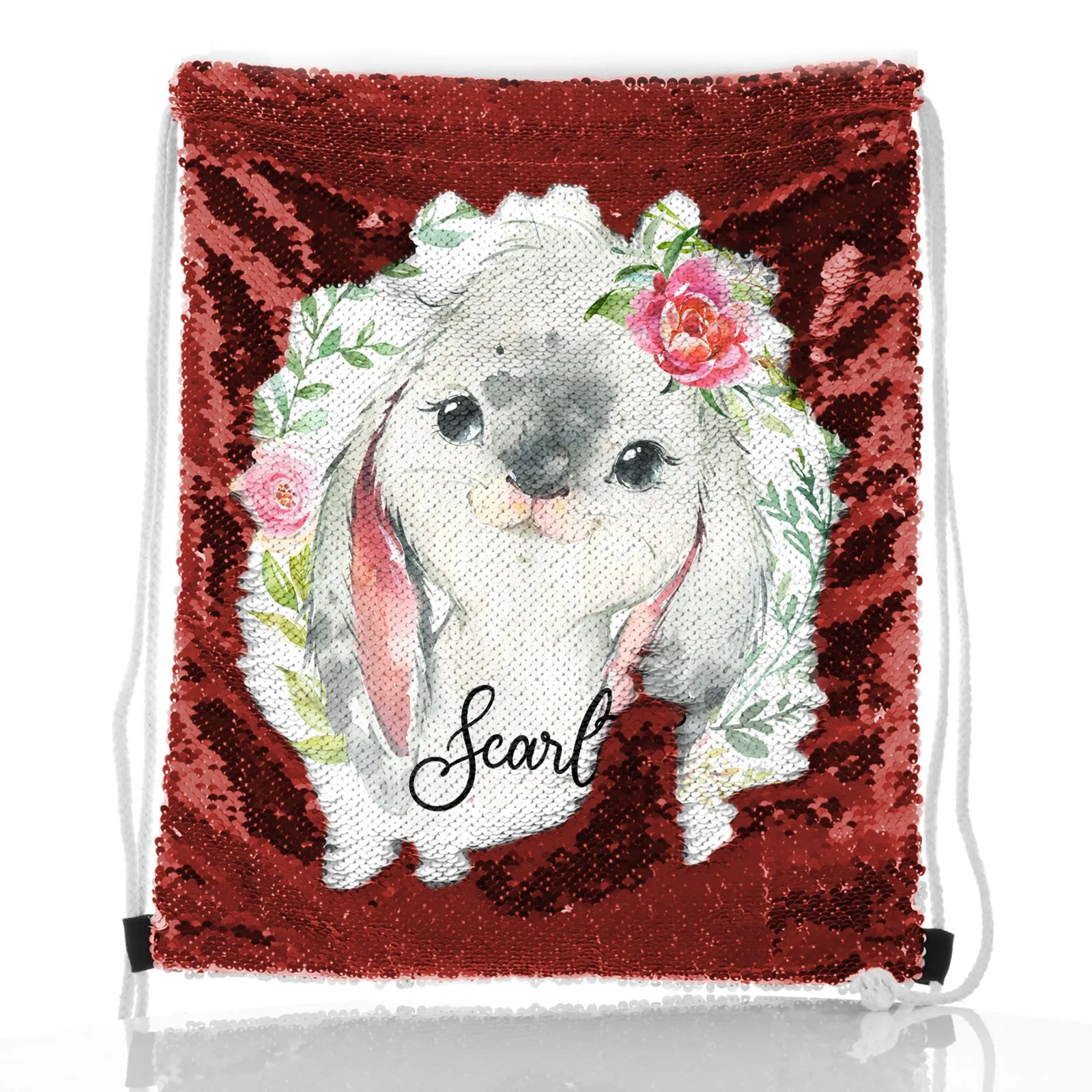 Personalised Sequin Drawstring Backpack with Grey Rabbit Flower Wreath and Cute Text